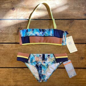 NWT Kuleana Swimsuit 2 Piece Bikini Halter Bandeau Top Tie Back Small Colorblock